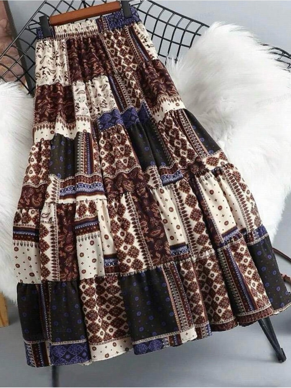 Bohemian Patchwork Maxi Skirt - Brown & Cream